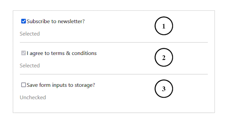 Three Checkboxes: Checked Subscribed To Newsletter, Checked And Disabled T&C, And Unchecked Save Form Inputs To Storage