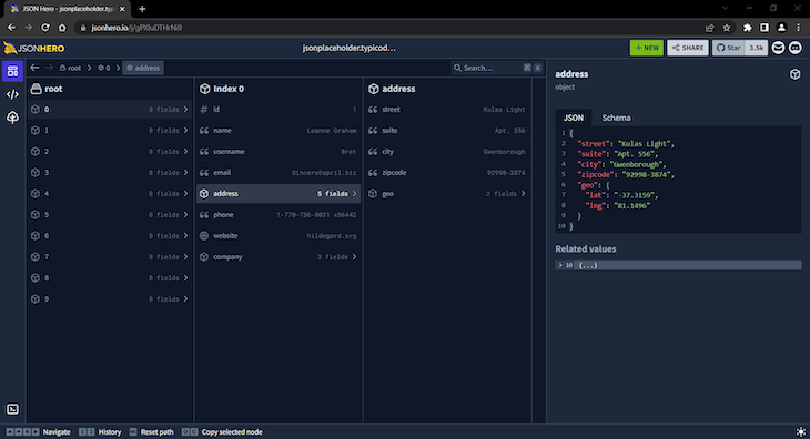 Json Hero Default Column View Displaying Document Data