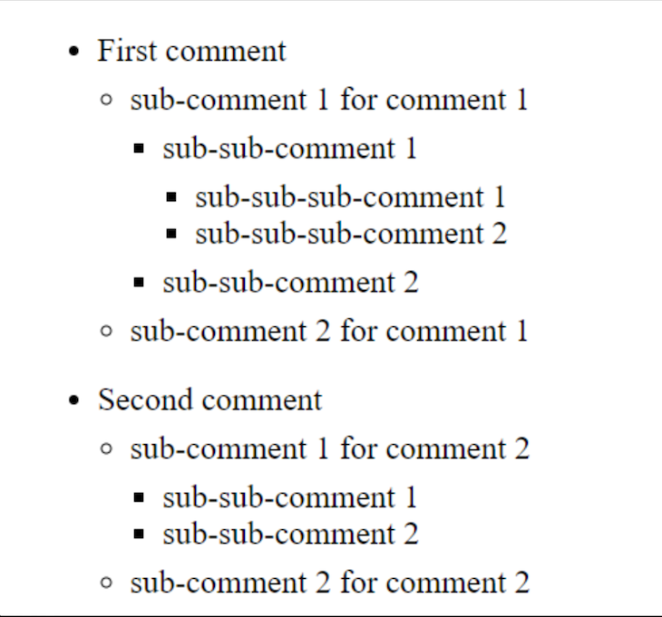 Nested Comments Dummy Data Display