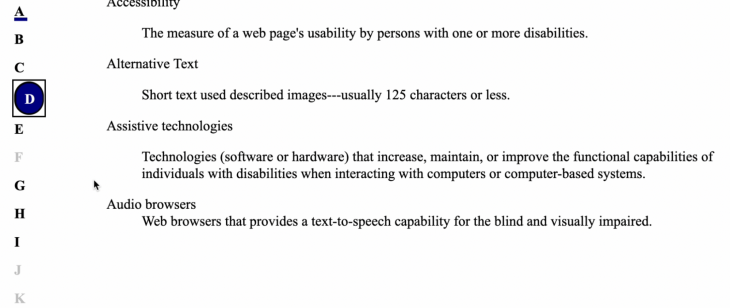 The open glossary has a visible focus on the letter D