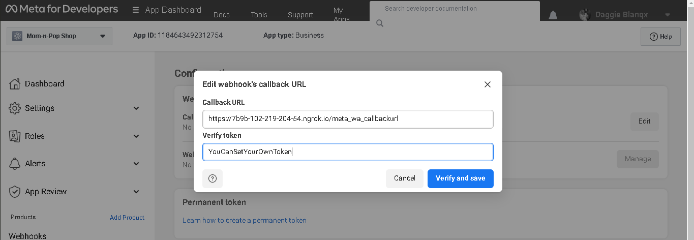 Entering value in verify token field