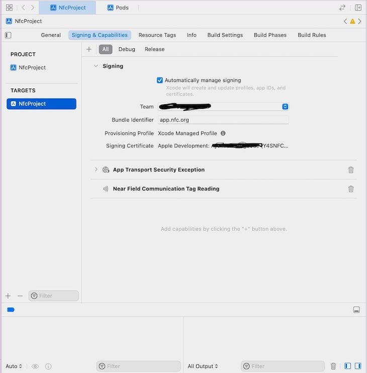 Enable NFC Capabilities Xcode