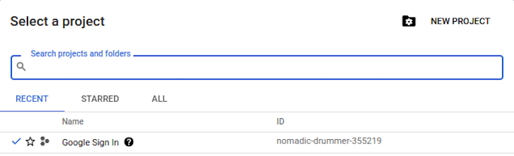 Google Cloud Console พร้อม Prompt เพื่อเลือกโครงการตัวเลือกในการสร้างโครงการใหม่แถบค้นหาสำหรับโครงการและโฟลเดอร์และเลือก Google Sign In Project ภายใต้ TAB ล่าสุด