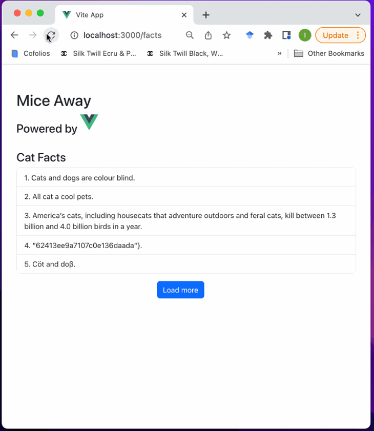 Axios Vue 应用程序结果使用导入和 Get 方法显示在 Localhost 3000 的浏览器中，标题为“Mice Away”，并在单击蓝色“加载更多”按钮后显示可滚动的事实列表