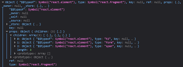 Exemple d'un dom virtuel représentant la version React de l'exemple Javascript précédent après la journalisation de l'élément React dans la console