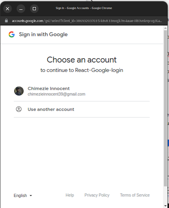 Simple Google Login Consent Page With Prompt To Choose An Account To Continue To App And Author's Account Shown As Option