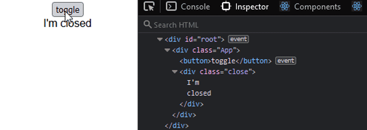 Resultado de actualizar el estado de un componente con Dom mostrando el nombre de la clase y el texto actualizado con cada nuevo render