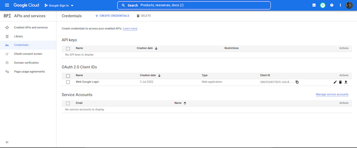หน้าแรกของ Google Cloud Console Project Dashboard พร้อมคีย์ API, รหัสไคลเอนต์ OAuth 2.0 และข้อมูลบัญชีบริการ