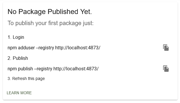 No package published yet message with instructions for publishing your first package.
