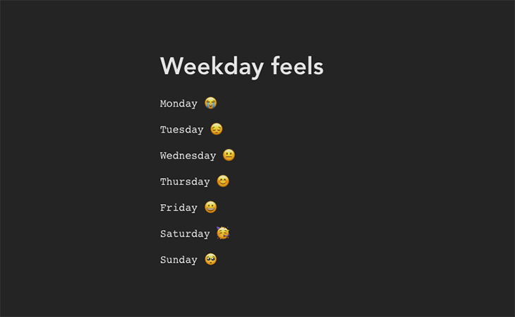 Our weekday list as displayed in simulated older browsers