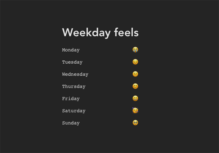 Weekdays displayed in a tabular format