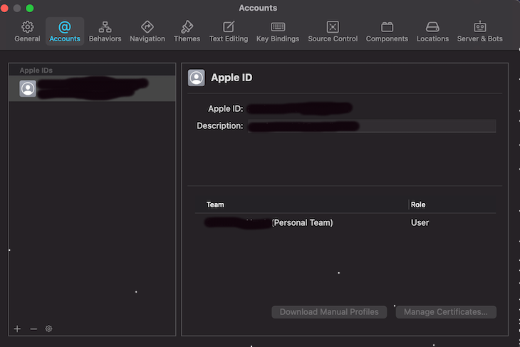 Xcode Account Registration UI