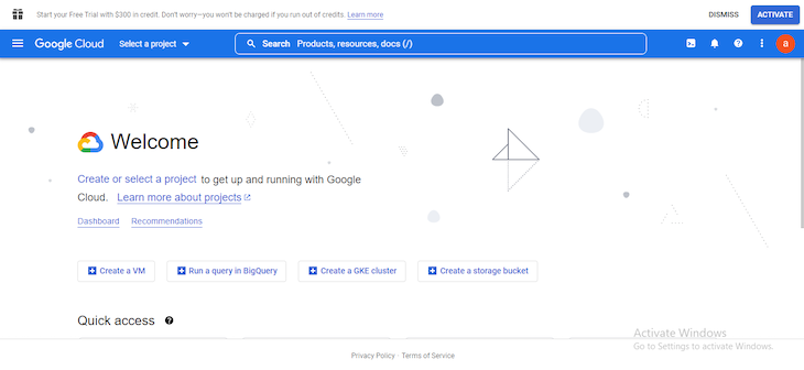 Google Cloud Console Landing Page With Welcome Message