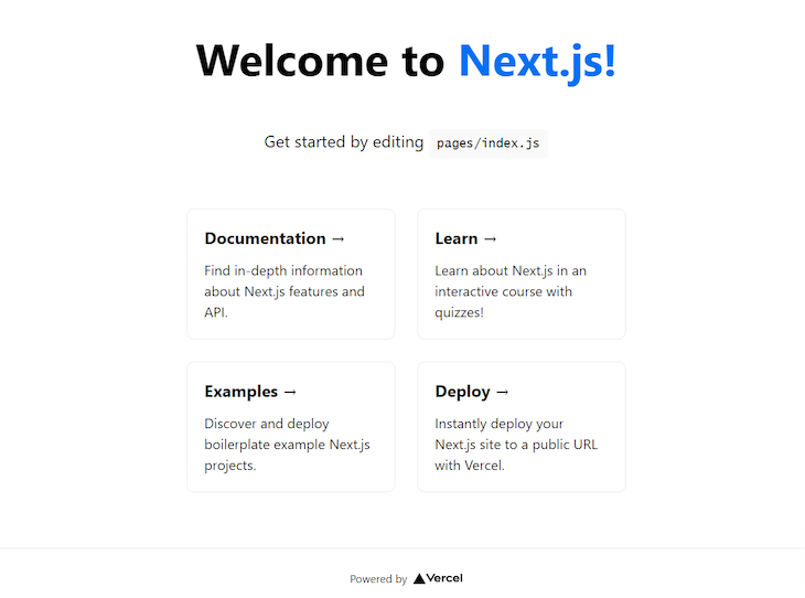 Next Js Starter Page Shown When Opened In Browser At Localhost 3000 With Welcome Message And Links To Documentation, Course, Examples, And Vercel Deployment