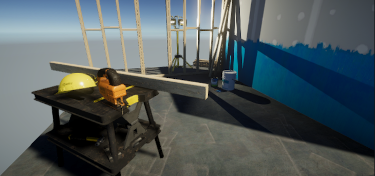 Sample Game Scene Before Any Post-Processing Effects Showing Construction Tools And Table With Partially Blue-Painted Wall On Right And Other Construction Items Shown In Distance