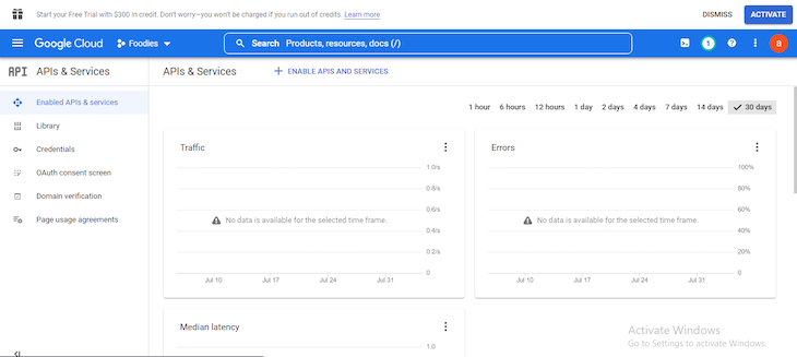 Google Cloud Console Project Dashboard With Thirty-Day View And No Data Shown