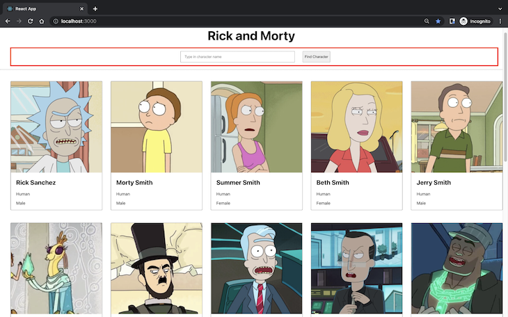 Playwright Component Testing Project Frontend, A Character Glossary For The Show Rick And Morty, With A Red Box Showing React SearchField Component Under A Title Component And Above Character Tiles