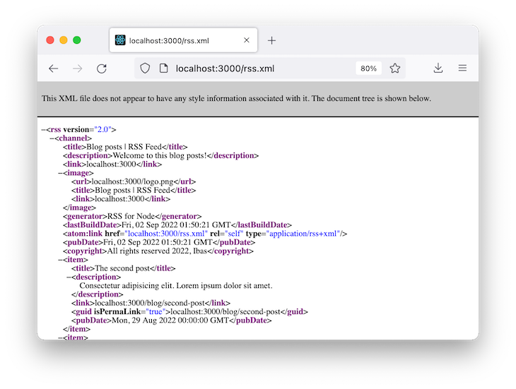 Xml Page Shown At Localhost 3000 With Message At Top Stating That The File Has No Associated Style Information And A Document Tree Is Shown Instead
