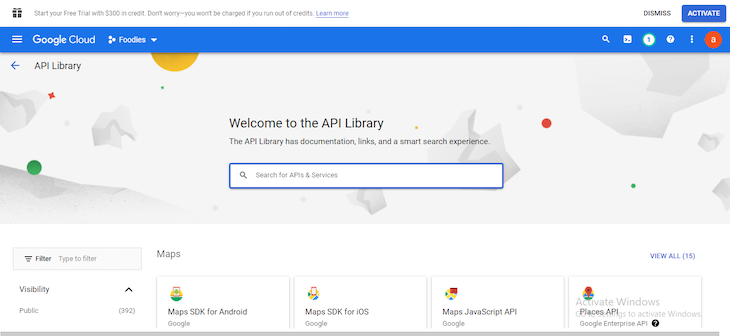 Google Cloud Console Api Library Page With Welcome Message And Search Bar