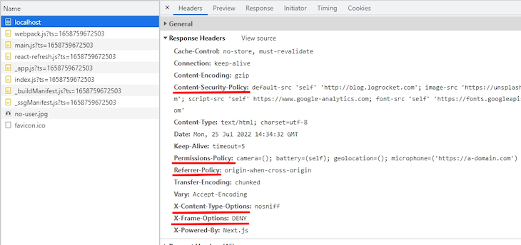 Network Tab Of Developer Console Showing Active Security Headers Set And Underlined In Red