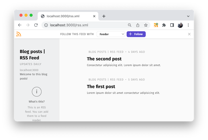 Next Js Project Frontend Blog Page With Chrome Feed Reader Extension Displaying Rss Feed In Column Format At Left Side Of Page