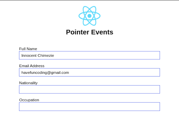 Same Simple React Native Dating Application Frontend Shown, This Time With Prefilled Name And Email Fields That Are No Longer Interactable Due To Pointerevents