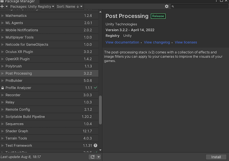 Unity Registry Pop-Up Window With Post Processing Package Displayed