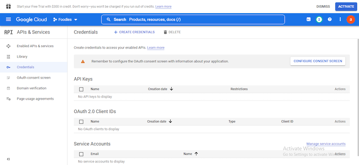 Google Cloud Console Apis And Services Dashboard With Credentials Selected From Left Sidebar Menu And Reminder Message To Configure Oauth Consent Screen