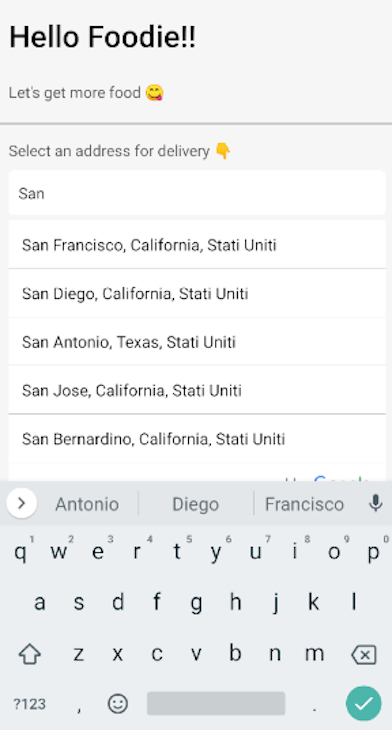 Foodie App Frontend With Partially Typed Search Phrase San In Search Bar And Dropdown Results Shown In Italian Located In United States