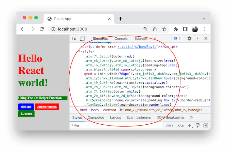 React Application Frontend And Elements Tab With Red Circle Showing How A Style Loader Is Used For Style Extraction In <style srcset=