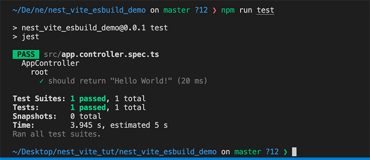 The output after running the npm run test command