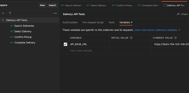 Postman Variables Delivery API Tests