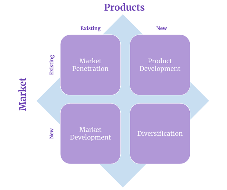 Go-To-Market Strategy: Quadrant Chart Showing Market Penetration, Product Development, Market Development, And Diversification