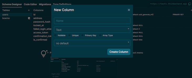 Creating Tables Using The Schema Designer With Thin Backend