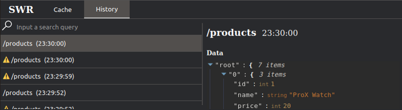 The SWR DevTools community GUI displays past queries