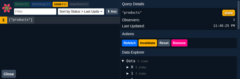 The TanStack Query DevTools GUI displays current queries