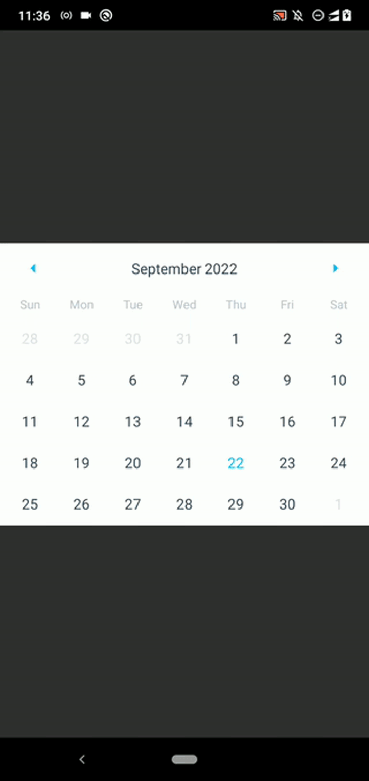 Our calendar component with the default features and styles