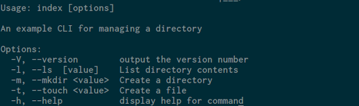 Using Commander.js to create a description for the CLI and its options.