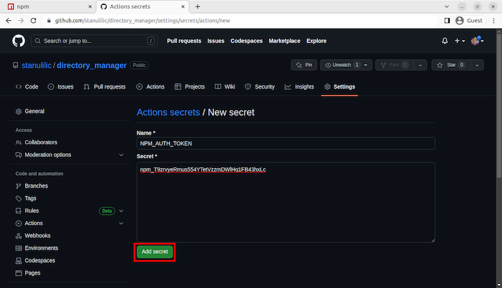 GitHub Actions New Secret Page