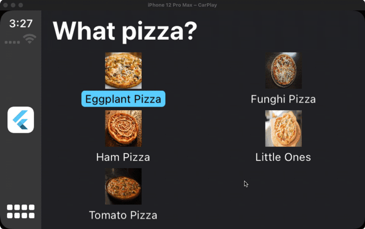 Gif Showing Carplay Ui For Pizza Ordering App Including Pizza Selection Options, Order Confirmation Options, And Order Confirmation Dismissal