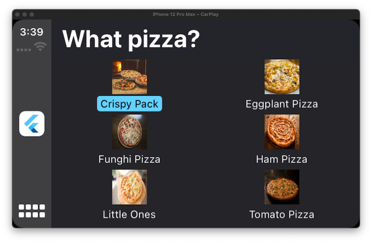 Six Types Of Pizza Shown In Pizza Ordering Options Displayed Within Carplay Flutter App Ui