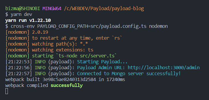 Payload App Directory After Completing Installation And Running Yarn Command