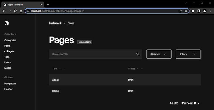 Payload Blog Pages Listing With Sample Home And About Pages Shown
