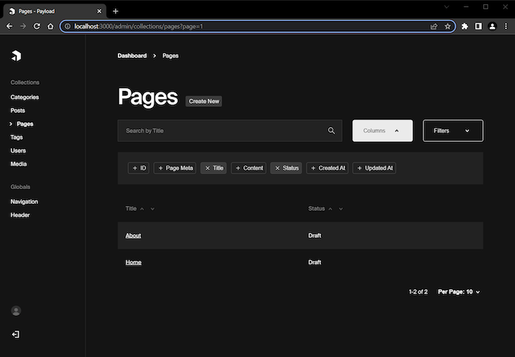 Payload Blog Custom Pages Admin With Default Columns Shown Selected And Additional Column Options Shown Unselected
