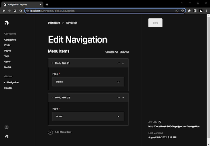 Result Of Using Array Field To Enable Editing Payload Blog Navigation Global Menu Items With Two Menu Items Displayed As Demonstration