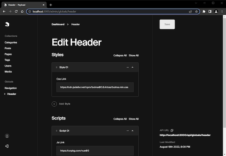 Payload Blog Header Global Shown Being Edited With Custom Styles And Scripts