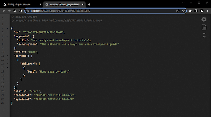 Sample Json Data For Page Shown At Localhost 3000 To Demonstrate Payload Collection Api Functionality