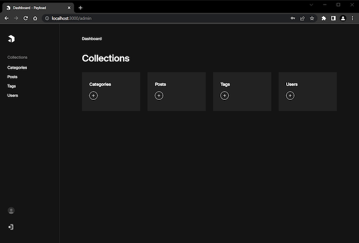 Payload Admin Panel Shown At Localhost 3000 With Four Collections Displayed: Categories, Posts, Tags, Users