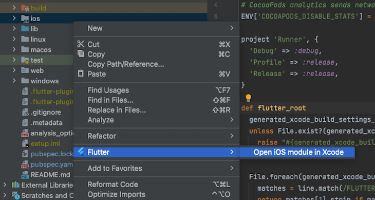 Demonstration Of Steps To Modify Xcode Project Showing Submenus After Right Clicking Ios Folder And Hovering Over Flutter Menu Item