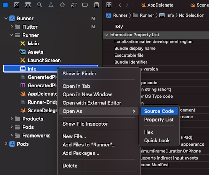 Steps Within Runner File Showing How To Right Click Info File, Navigate To Open As Menu Option, And Select Correct Source Code File That Should Be Opened